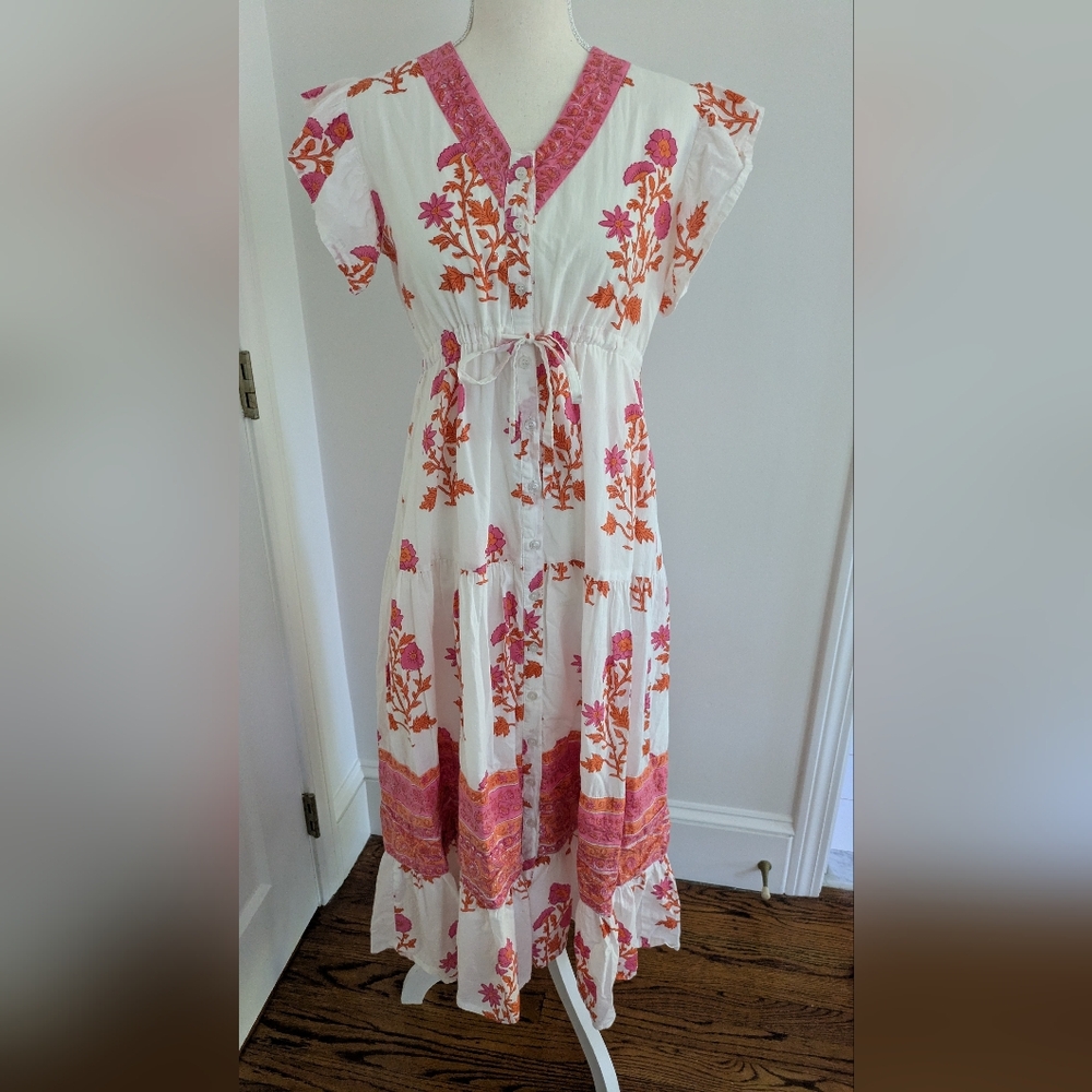 Victoria Dunn RosaAzalea Block Print Cotton Summer Dress, XS